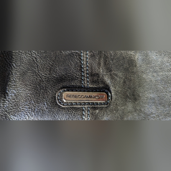 EUC Rebecca Minkoff dark green shiny soft leather interior blue/blk polka dot - Picture 5 of 14